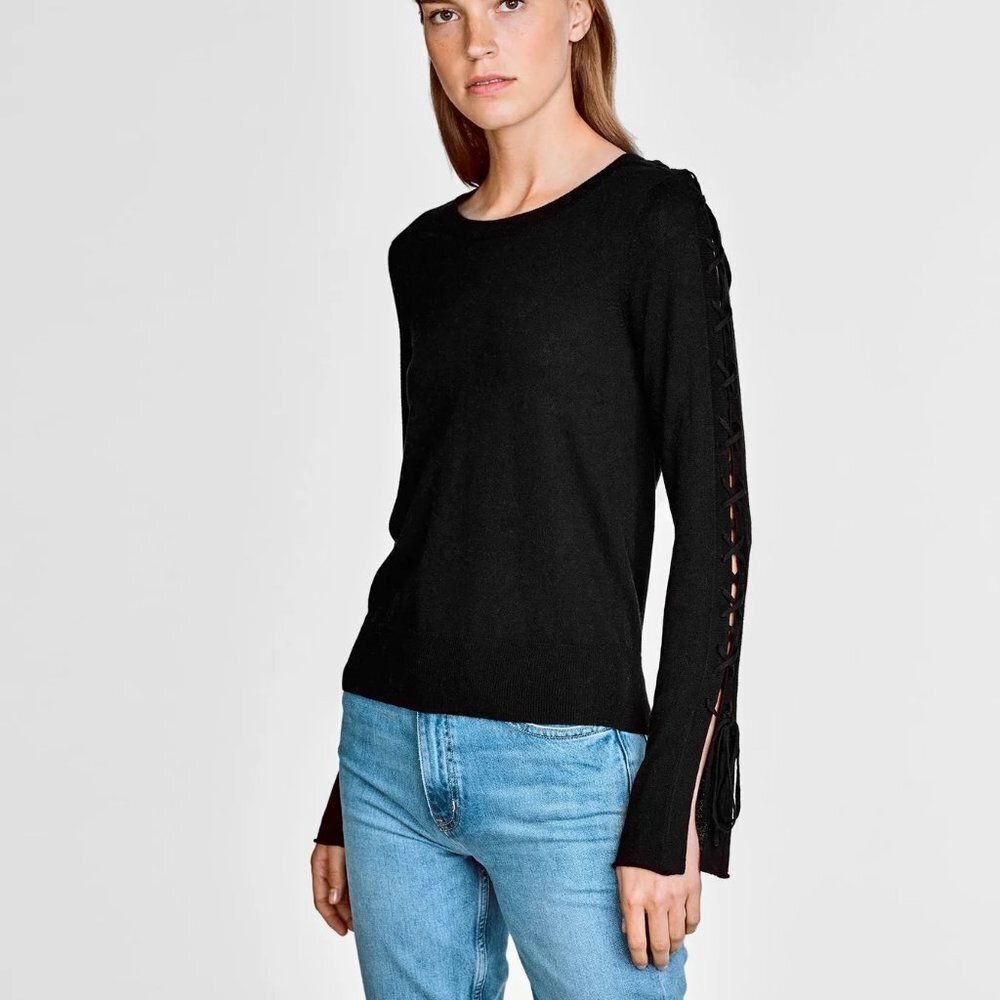 White + Warren Lace Up Sleeve Crewneck Black‎ Laced Criss Cross Medium Sweater